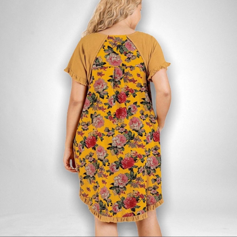 Mustard Floral Back Hi-Low Ruffle Hem Dress - Picture 3 of 4